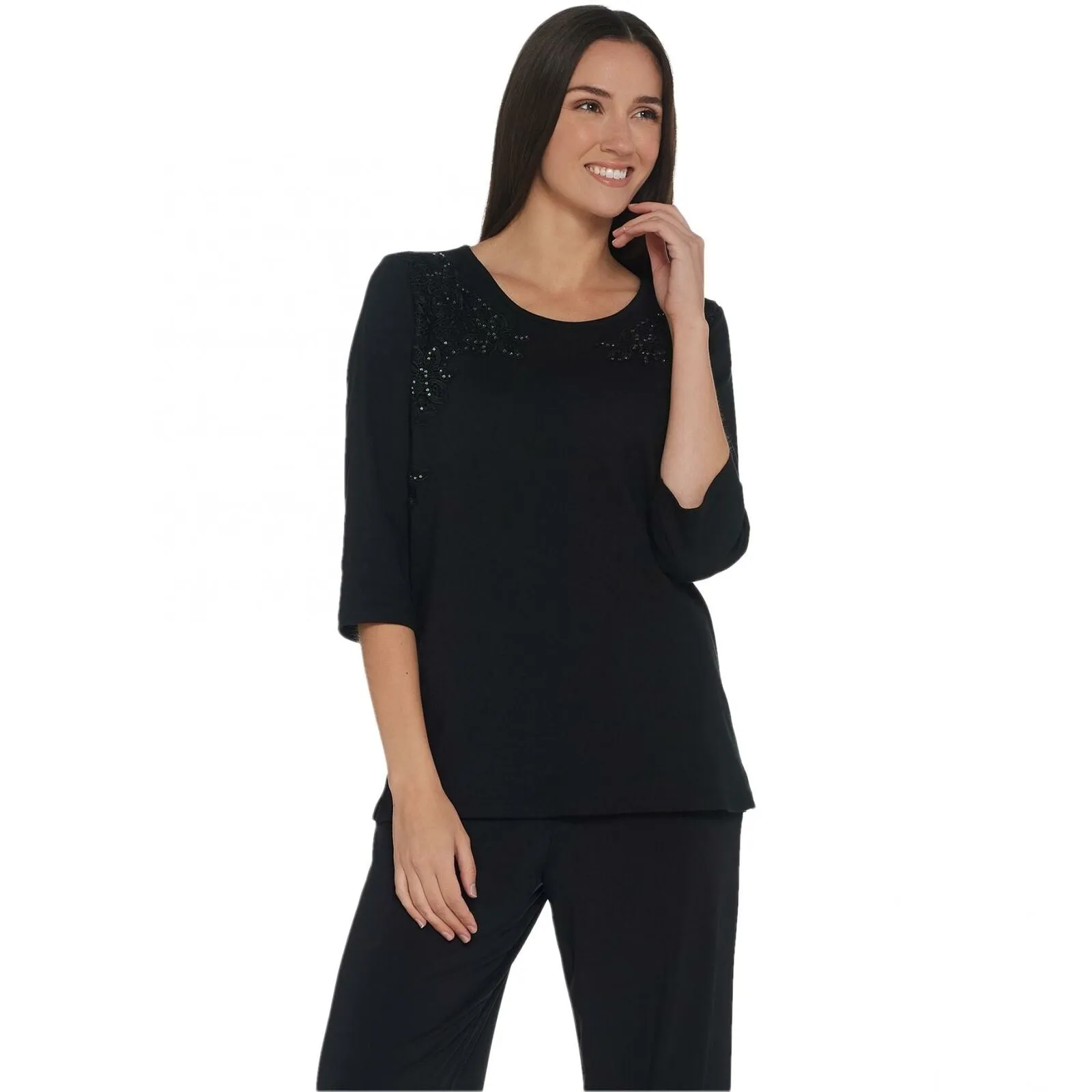 Quacker Factory Women's 3/4-Sleeve Lace Front Knit Top