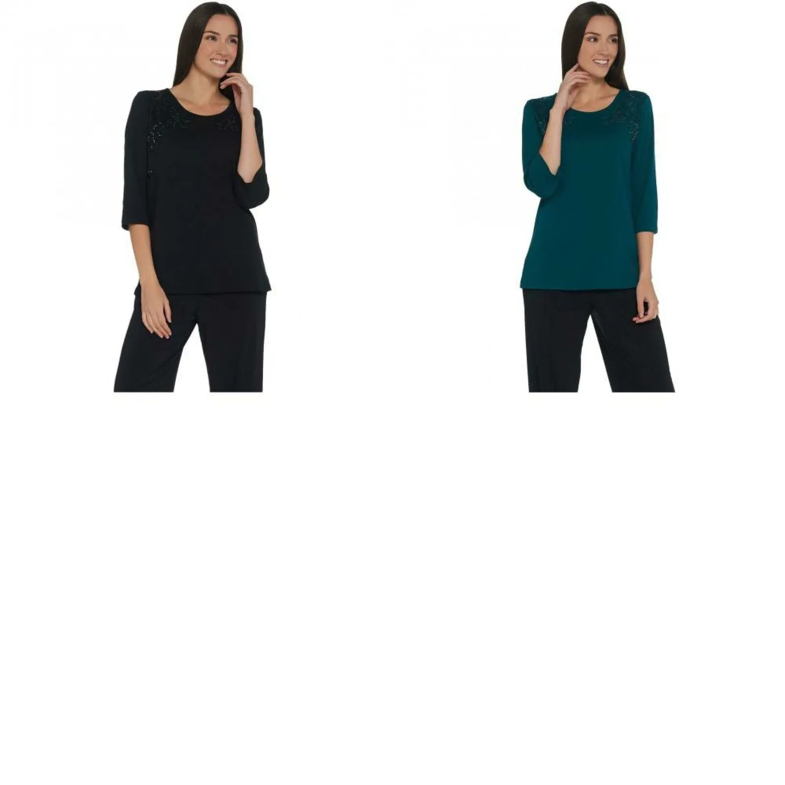 Quacker Factory Women's 3/4-Sleeve Lace Front Knit Top