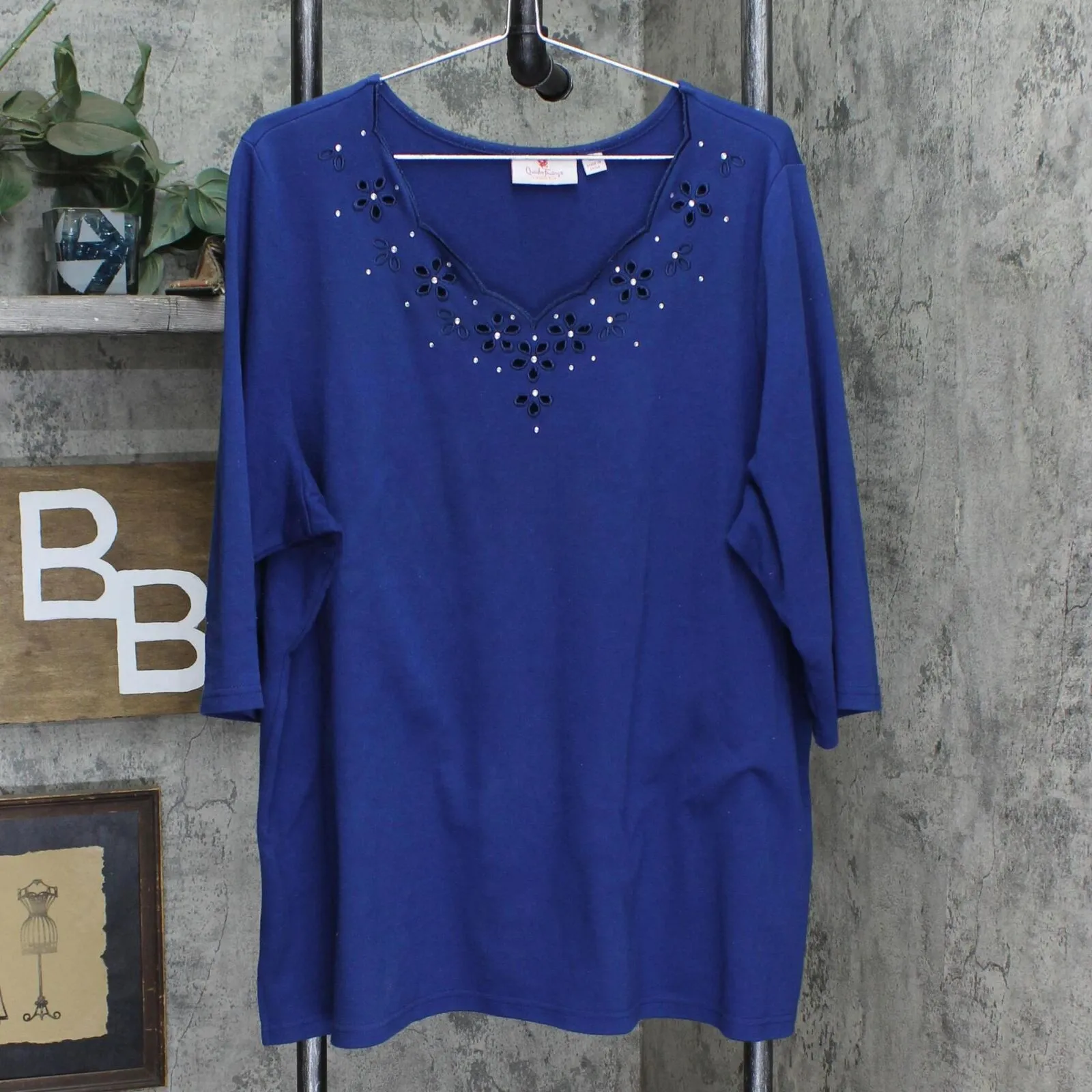 Quacker Factory Womens Long Sleeve Rhinestone Blouse 166a68af9ab4e9 Dark Blue 2X
