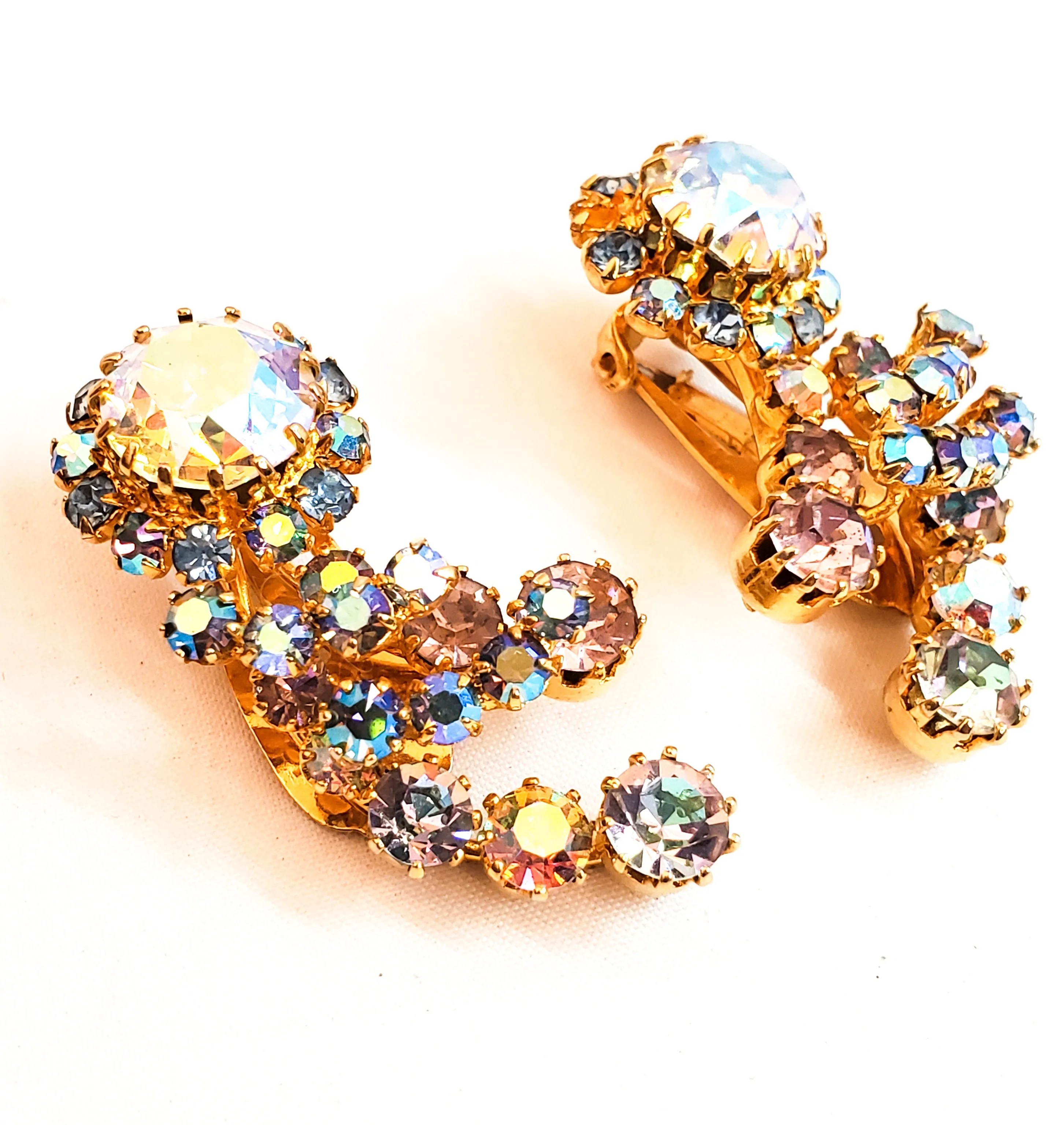 Rainbow Aurora Borealis flower clip on cluster earrings mid century Austria mid century