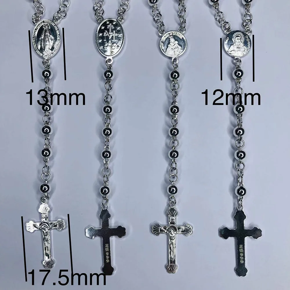 Real Solid 999 Fine Silver Necklace Pendant Bead Chain Cross Virgin Mary Punk Jewelry 26"