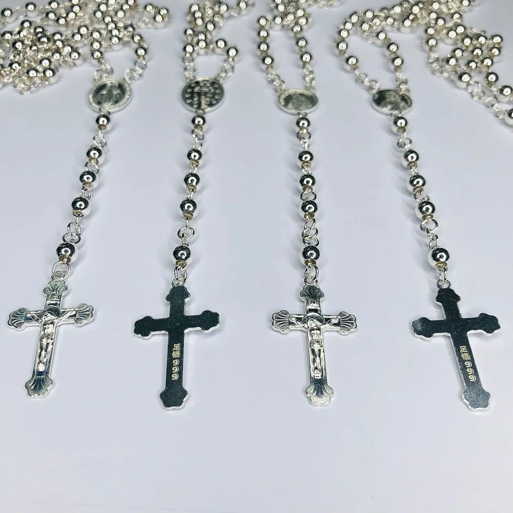 Real Solid 999 Fine Silver Necklace Pendant Bead Chain Cross Virgin Mary Punk Jewelry 26"