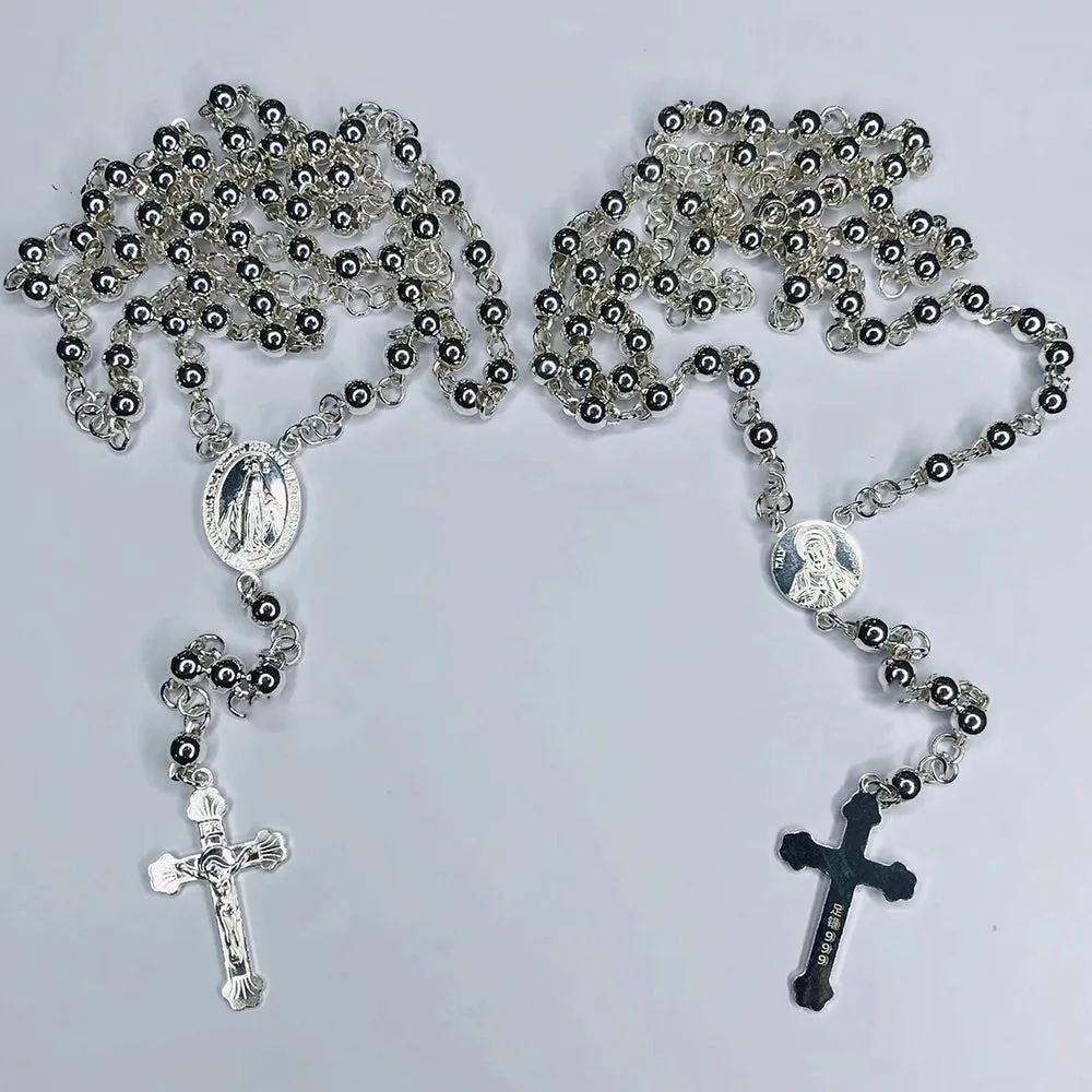 Real Solid 999 Fine Silver Necklace Pendant Bead Chain Cross Virgin Mary Punk Jewelry 26"