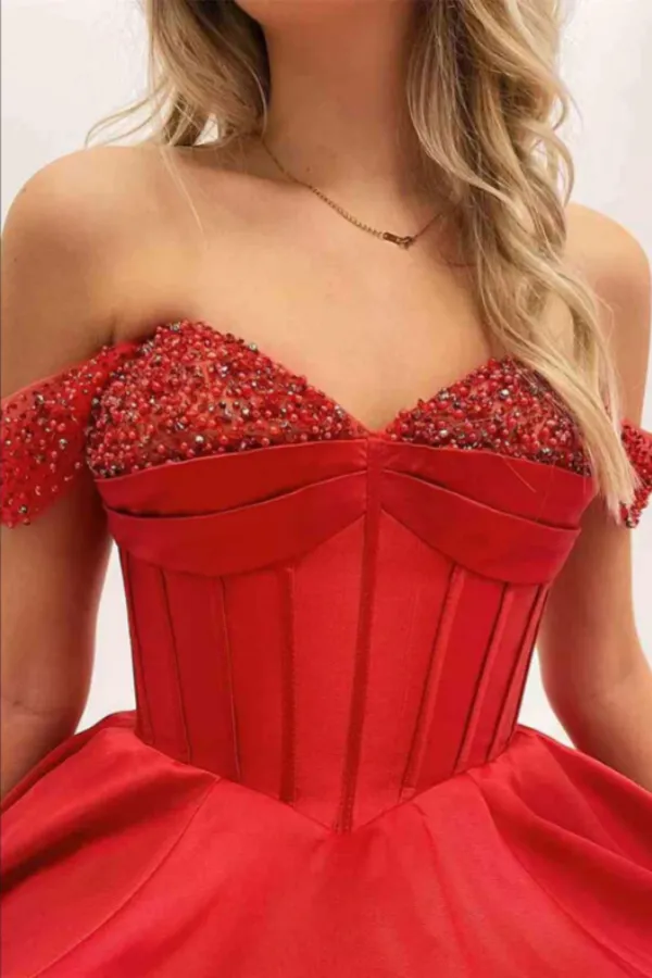 Red A line Beaded Off the Shoulder Long Prom Dresses, Evening Dresses APP0740