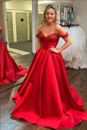 Red A line Beaded Off the Shoulder Long Prom Dresses, Evening Dresses APP0740