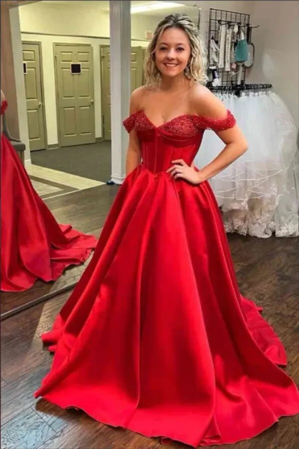 Red A line Beaded Off the Shoulder Long Prom Dresses, Evening Dresses APP0740