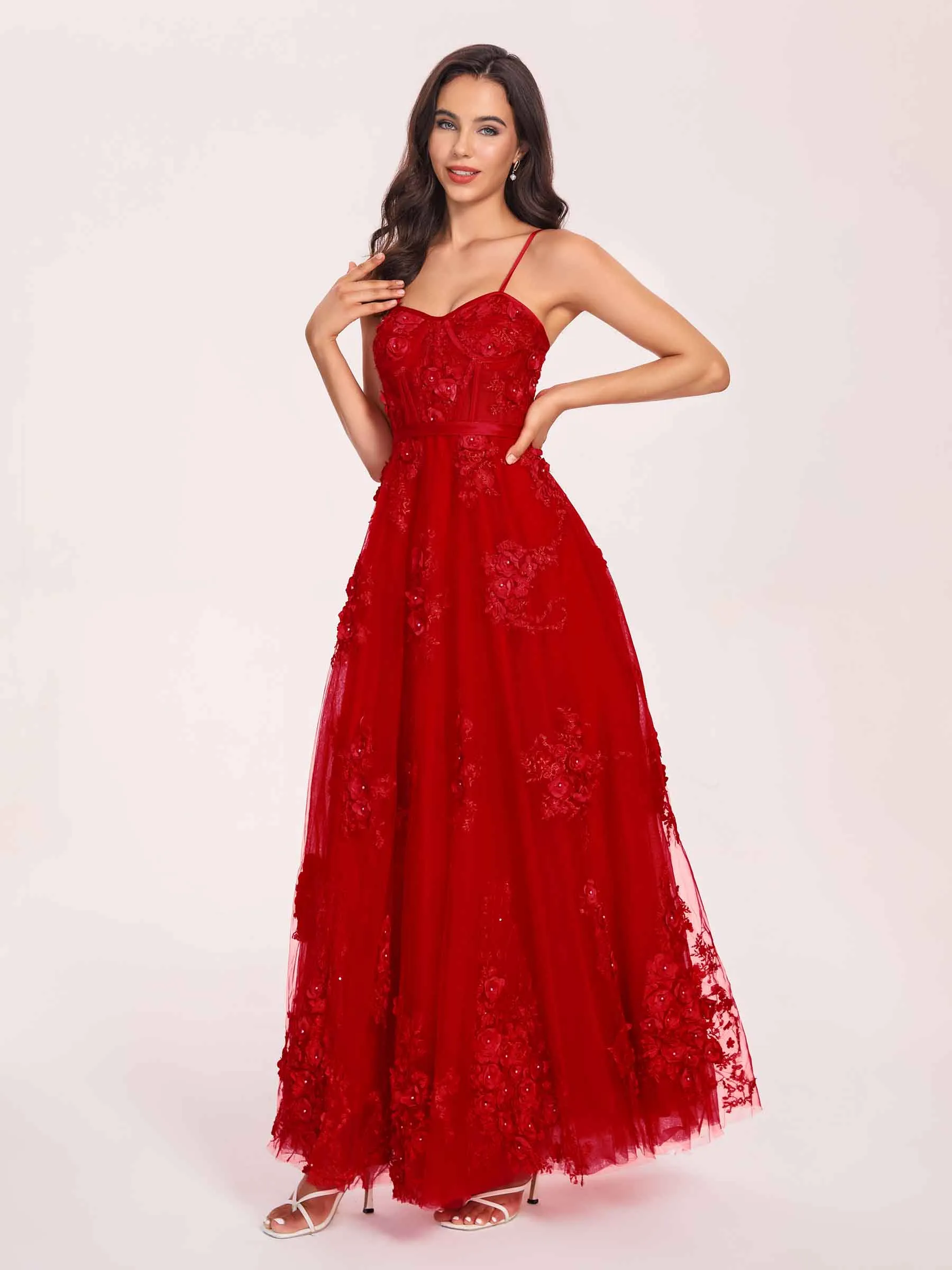 Red A-line Lace Prom Dress Spaghetti Straps Sweetheart Floor-length