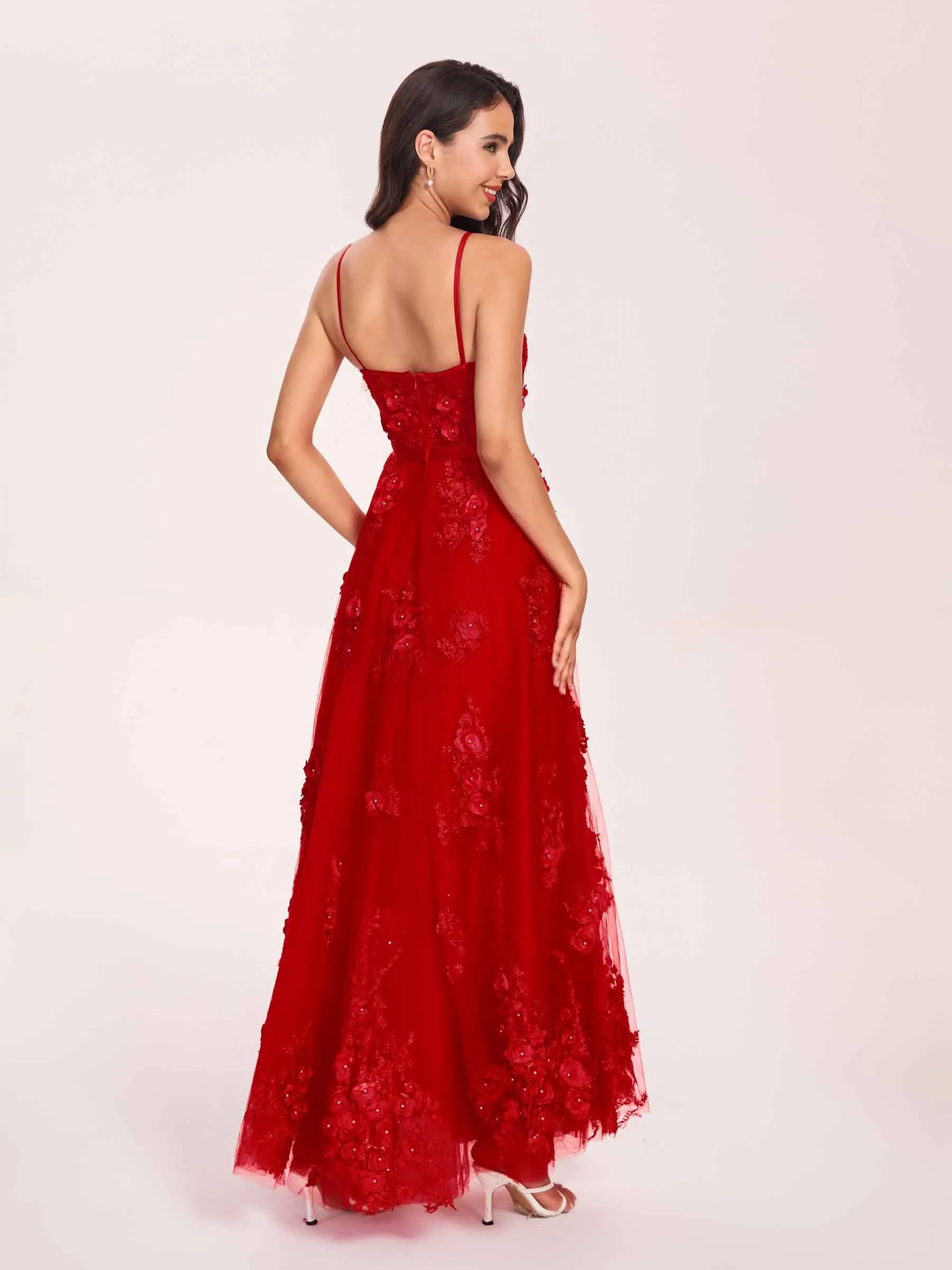 Red A-line Lace Prom Dress Spaghetti Straps Sweetheart Floor-length