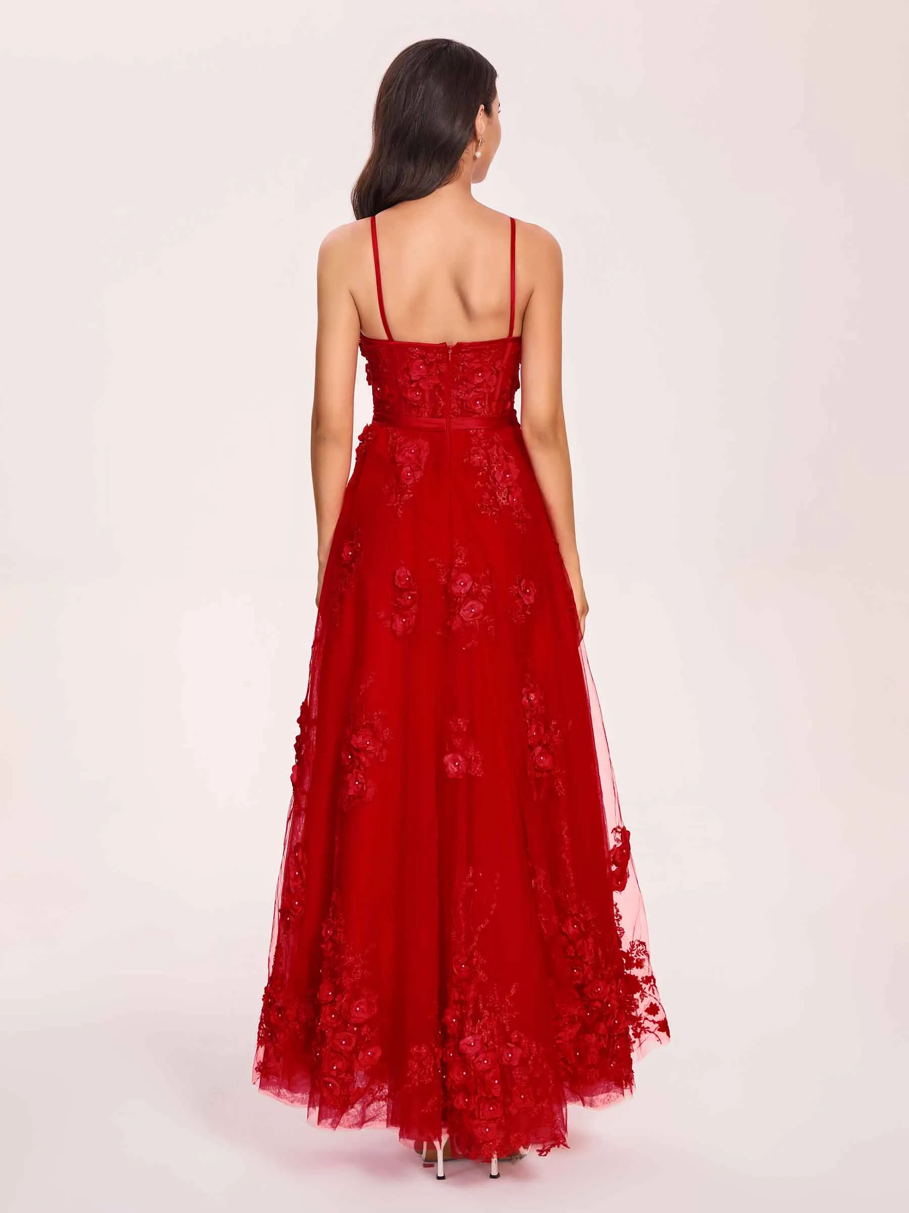 Red A-line Lace Prom Dress Spaghetti Straps Sweetheart Floor-length