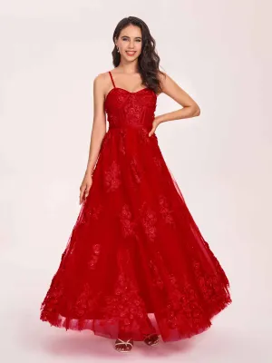 Red A-line Lace Prom Dress Spaghetti Straps Sweetheart Floor-length