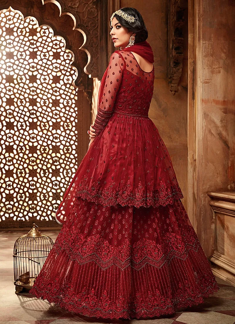 Red All Layered Embroidered Net Anarkali Suit