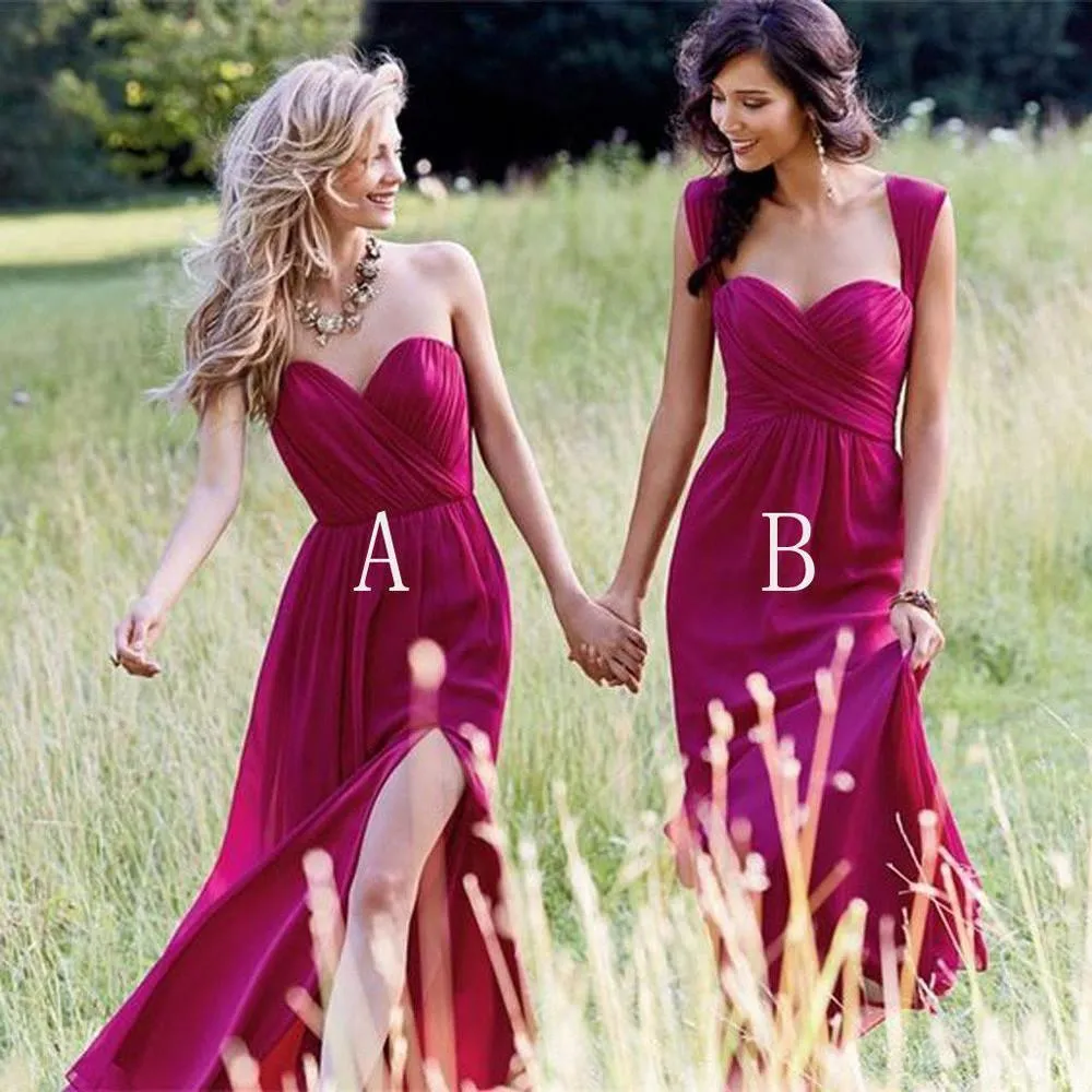 Red Cheap Chiffon Floor Length Side Split Long Bridesmaid Dresses BD056