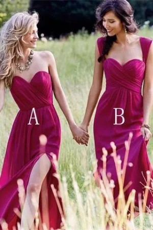 Red Cheap Chiffon Floor Length Side Split Long Bridesmaid Dresses BD056