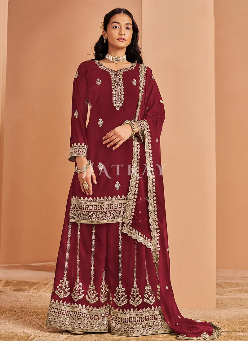 Red Embroidered Georgette Palazzo Suit