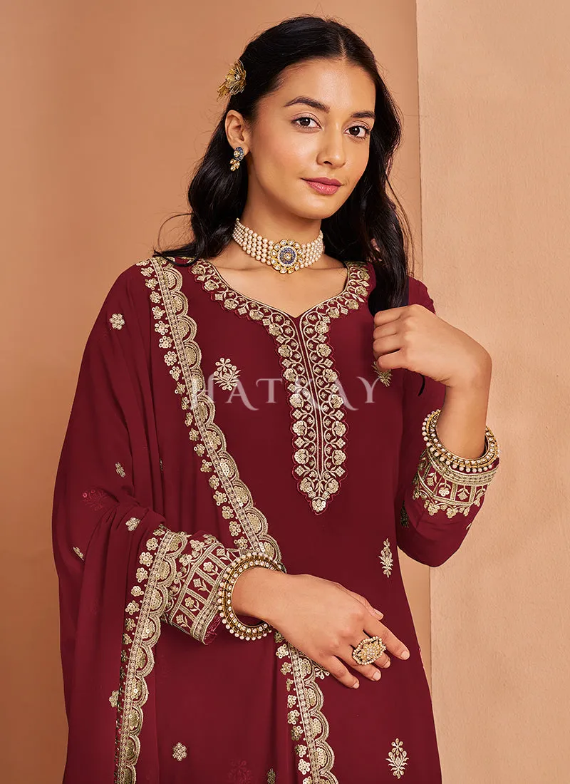 Red Embroidered Georgette Palazzo Suit