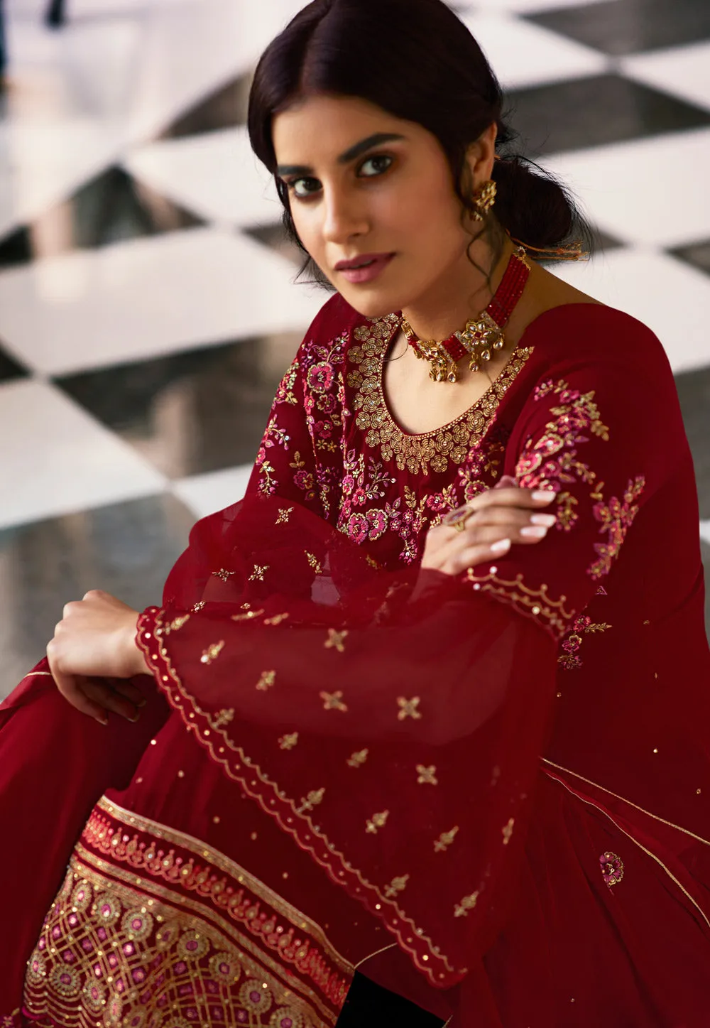 Red Embroidered Wedding Pant Suit