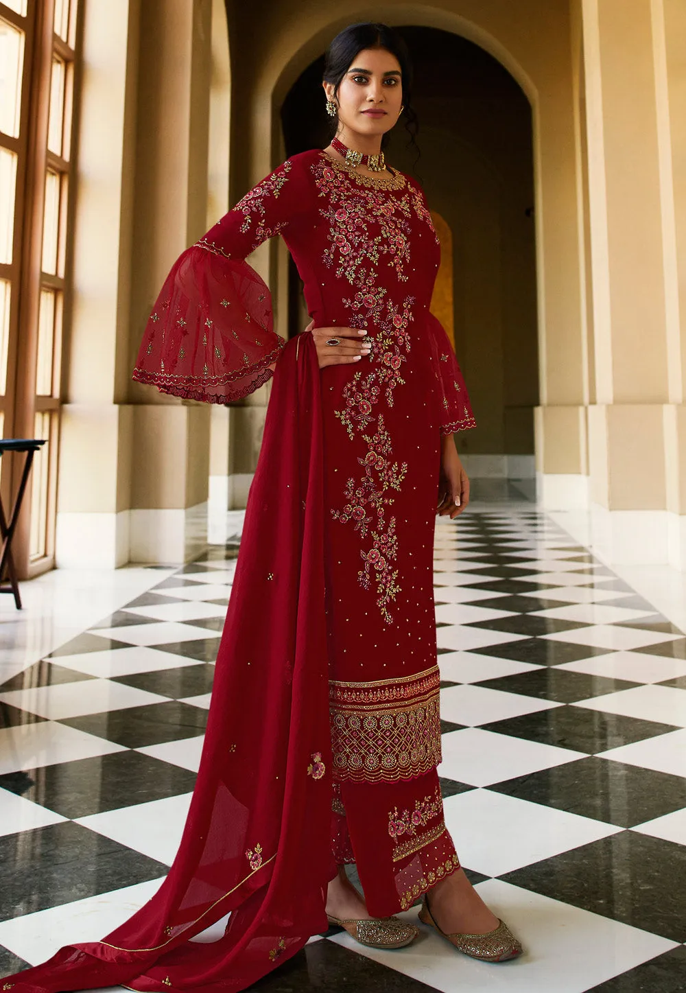 Red Embroidered Wedding Pant Suit