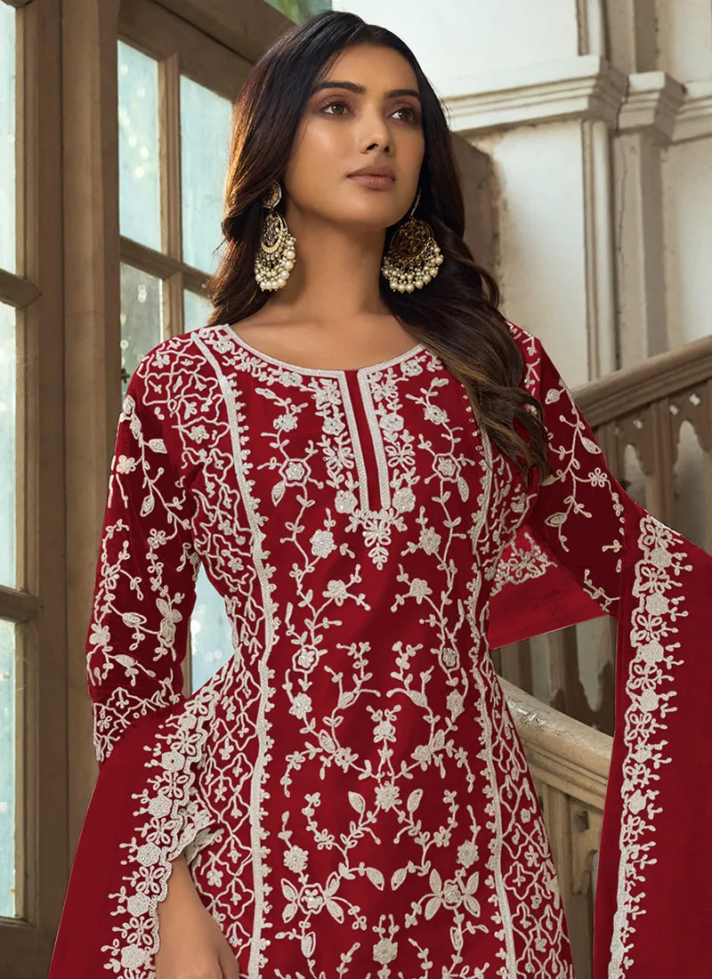 Red Embroidery Pakistani Pant Style Suit