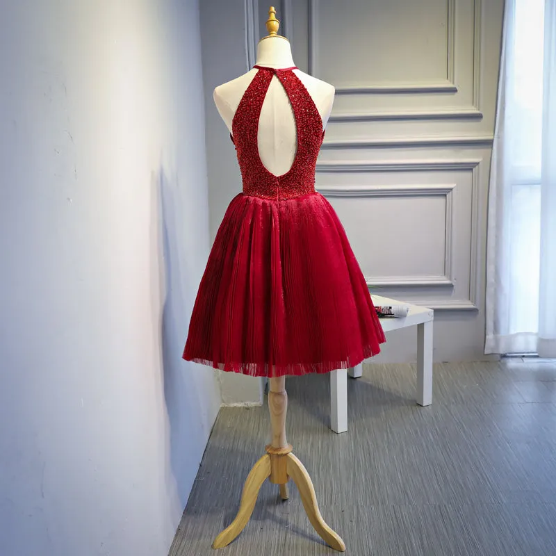 Red Halter Beaded Short Party Dress, Beaded and Sequined Party Dress, Homecoming Dresses