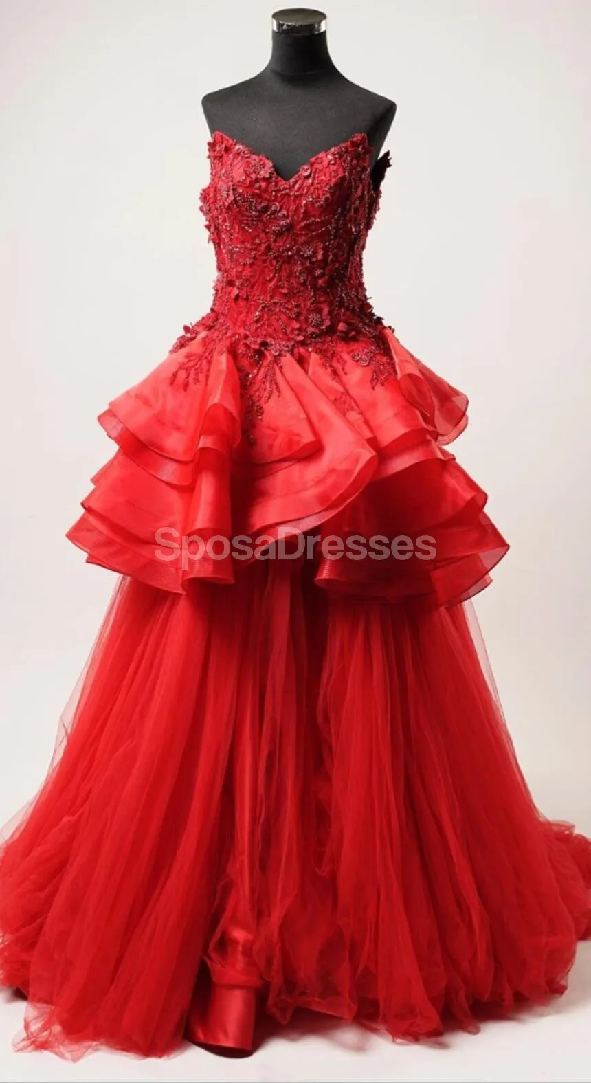 Red Lace Beaded Ruffles A-line Long Evening Prom Dresses, Evening Party Prom Dresses, 12306