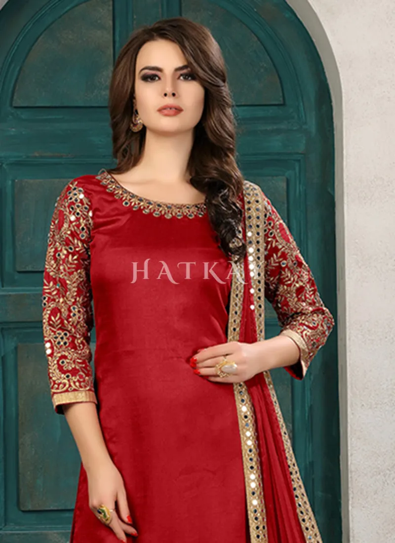 Red Mirror Work Patiala Suit