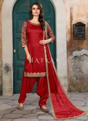 Red Mirror Work Patiala Suit