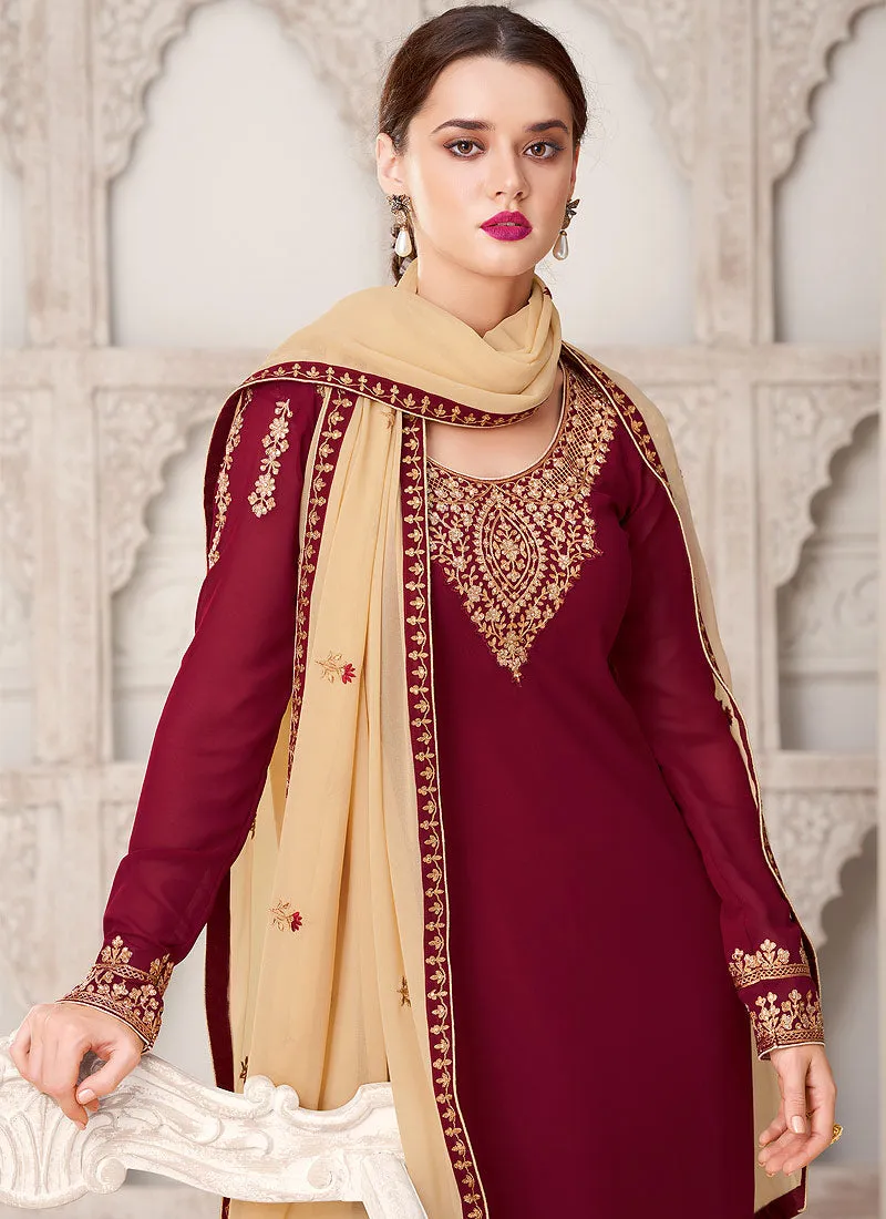 Red Multi Embroidered Pant Style Suit