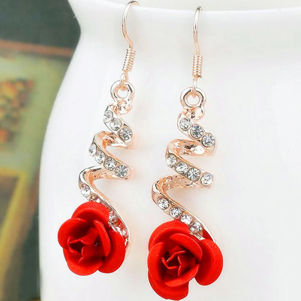 Red Rose  Big Rhinestone Earrings  For Women Rose Gold Spiral Dangle Earring