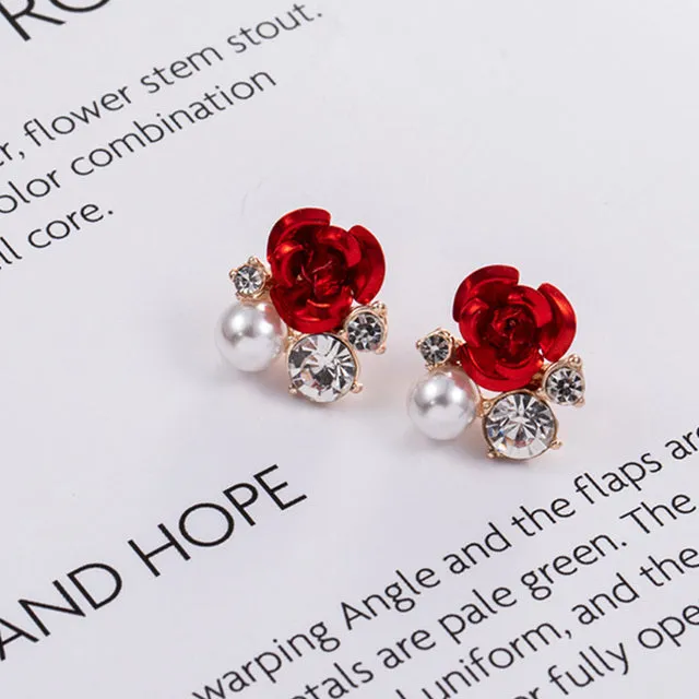 Red Rose  Big Rhinestone Earrings  For Women Rose Gold Spiral Dangle Earring