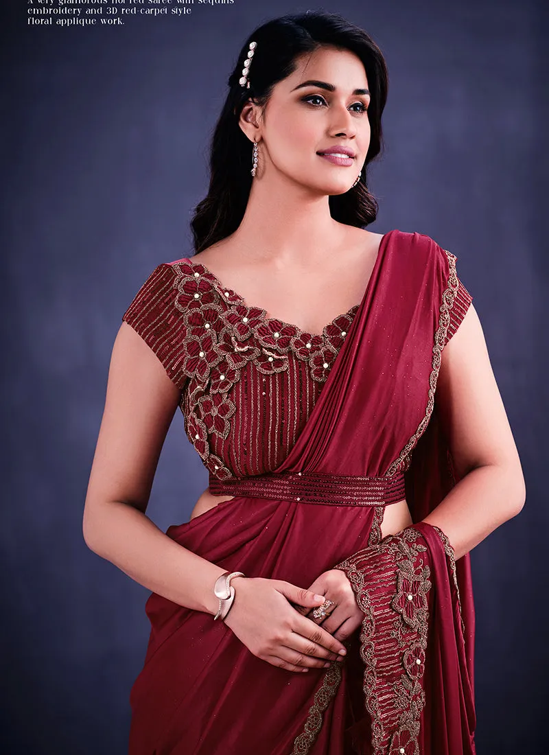 Red Sequence And Appliqué Embroidery Wedding Saree