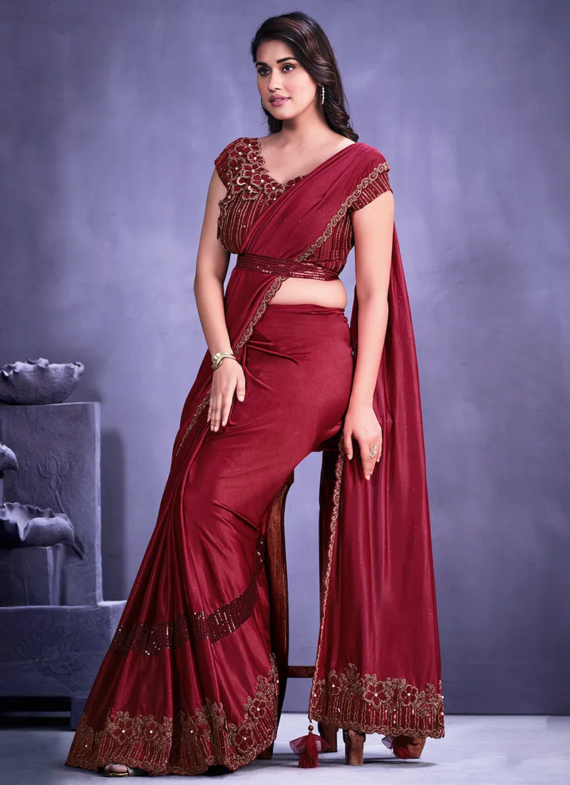 Red Sequence And Appliqué Embroidery Wedding Saree