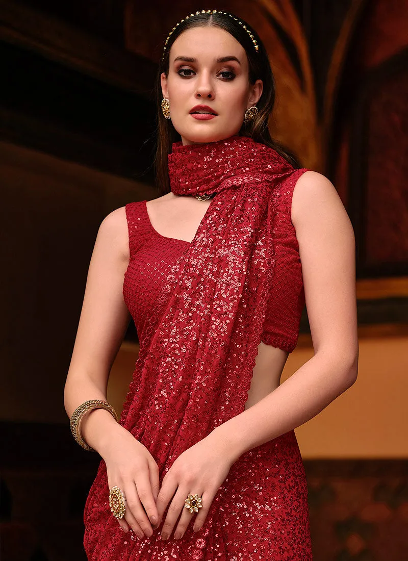 Red Sequence Work Party Wear Saree