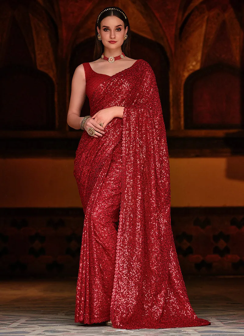Red Sequence Work Party Wear Saree