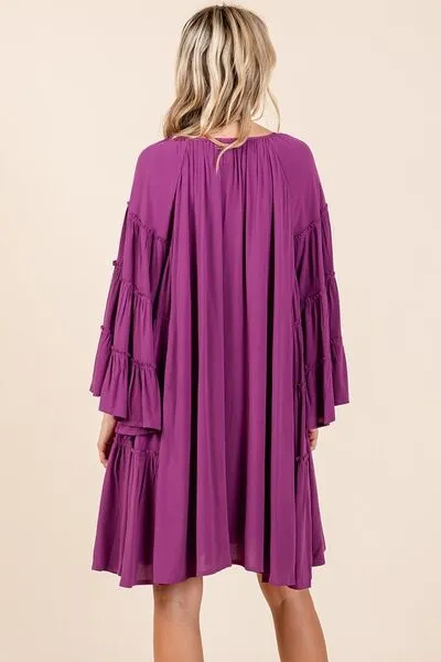 Red-Violet Frill Tie Neck Bell Sleeve Dress
