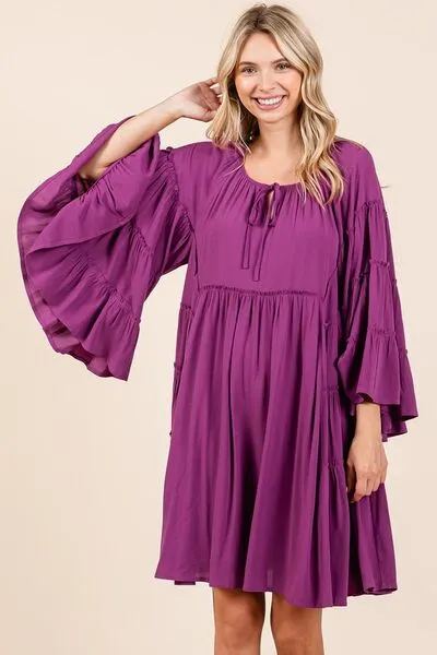Red-Violet Frill Tie Neck Bell Sleeve Dress