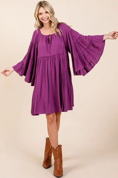 Red-Violet Frill Tie Neck Bell Sleeve Dress