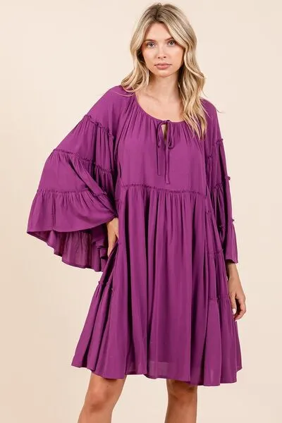 Red-Violet Frill Tie Neck Bell Sleeve Dress
