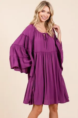 Red-Violet Frill Tie Neck Bell Sleeve Dress