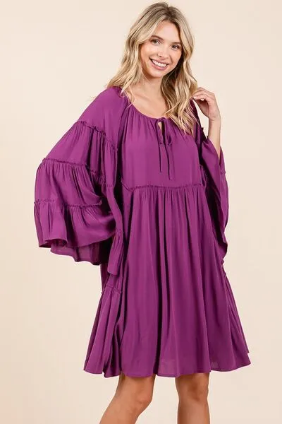 Red-Violet Frill Tie Neck Bell Sleeve Dress