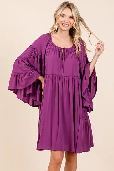 Red-Violet Frill Tie Neck Bell Sleeve Dress