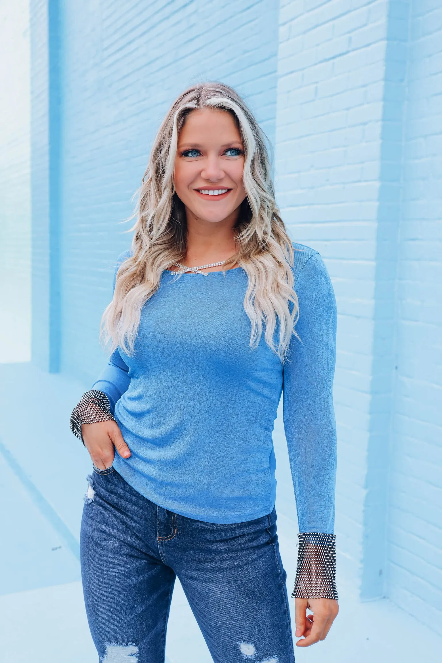 Regal Rhinestone Cross-Neck Top - Blue