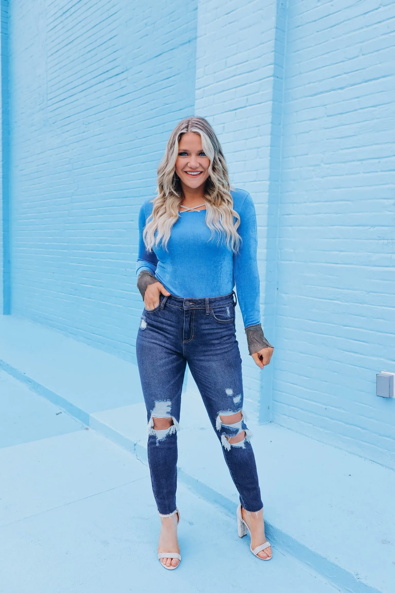 Regal Rhinestone Cross-Neck Top - Blue