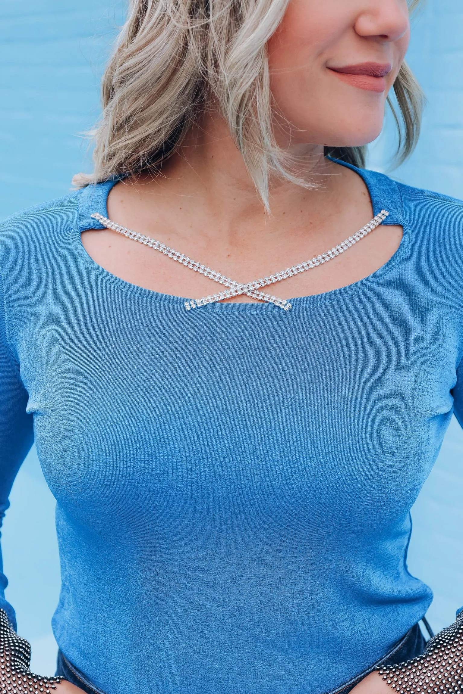 Regal Rhinestone Cross-Neck Top - Blue