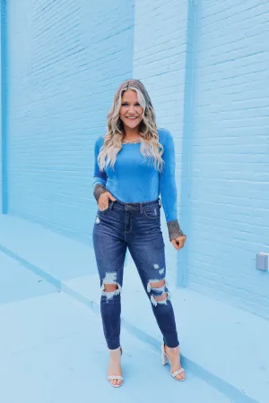 Regal Rhinestone Cross-Neck Top - Blue