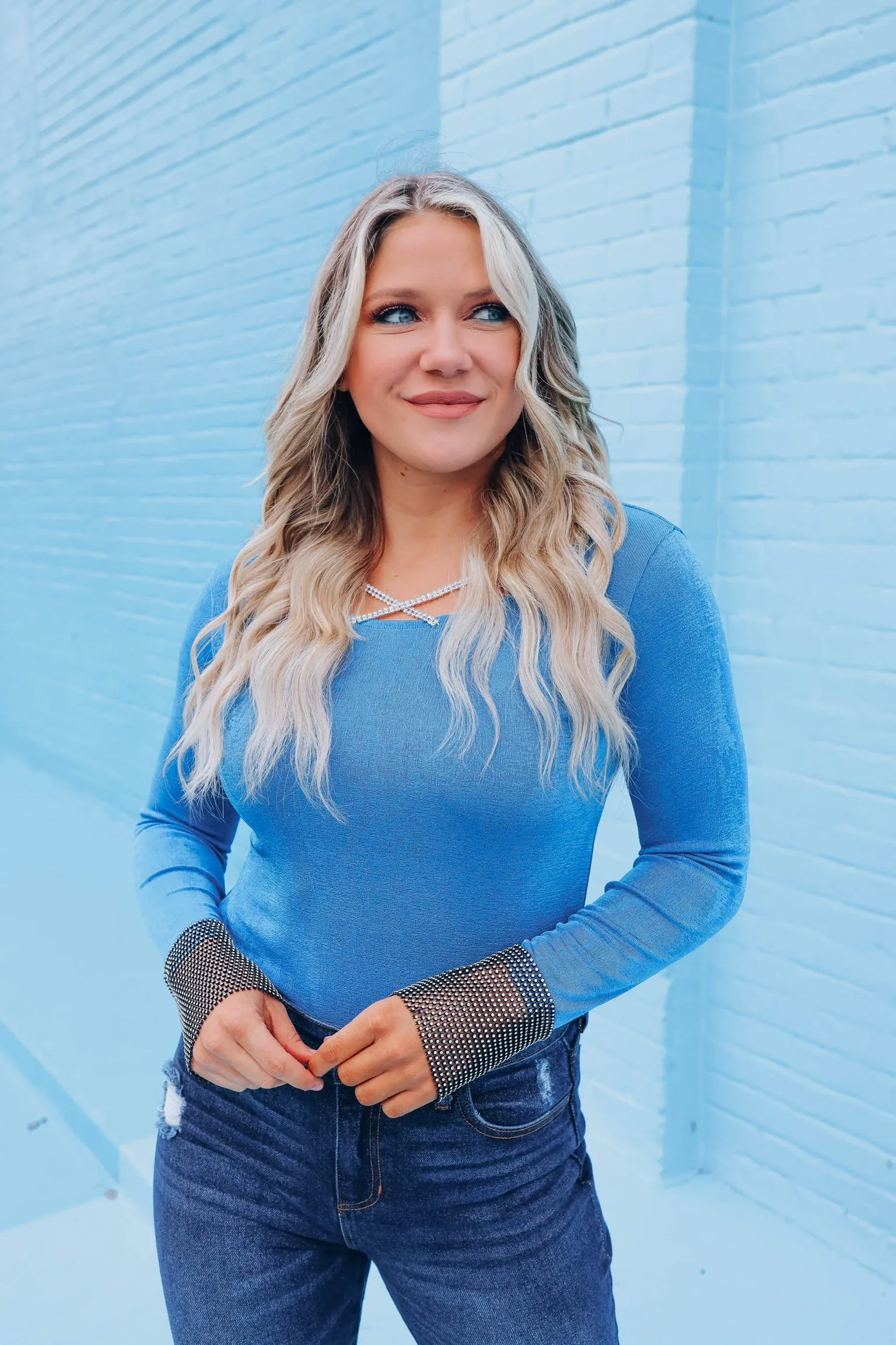 Regal Rhinestone Cross-Neck Top - Blue