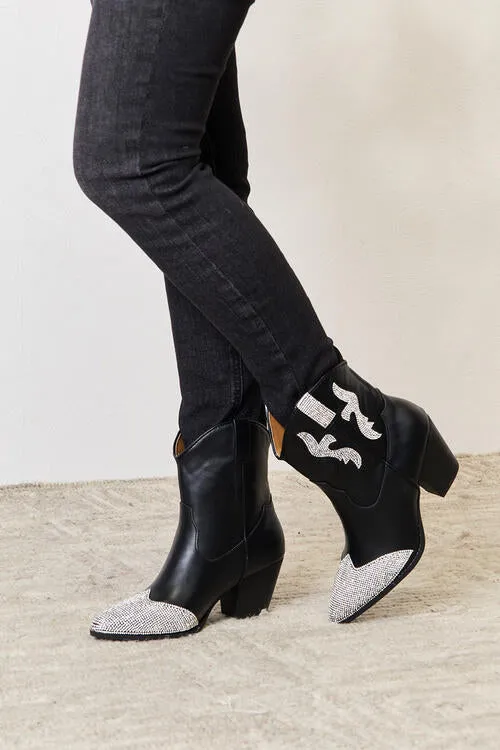 Rhinestone Black Pointed Boots