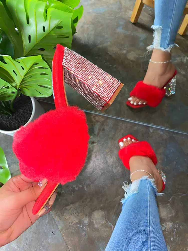 Rhinestone Chunky Heel Furry Sandal