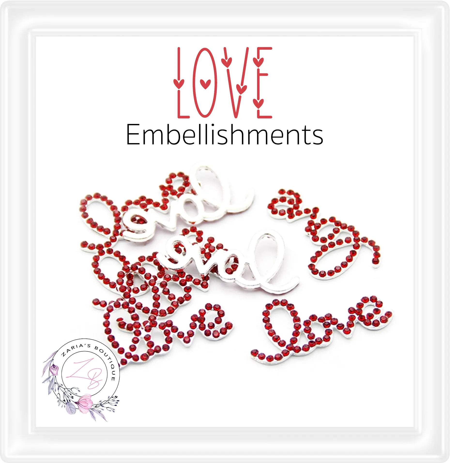 Rhinestone Embellishment ⋅ LOVE ⋅ Silver, Gold or Red