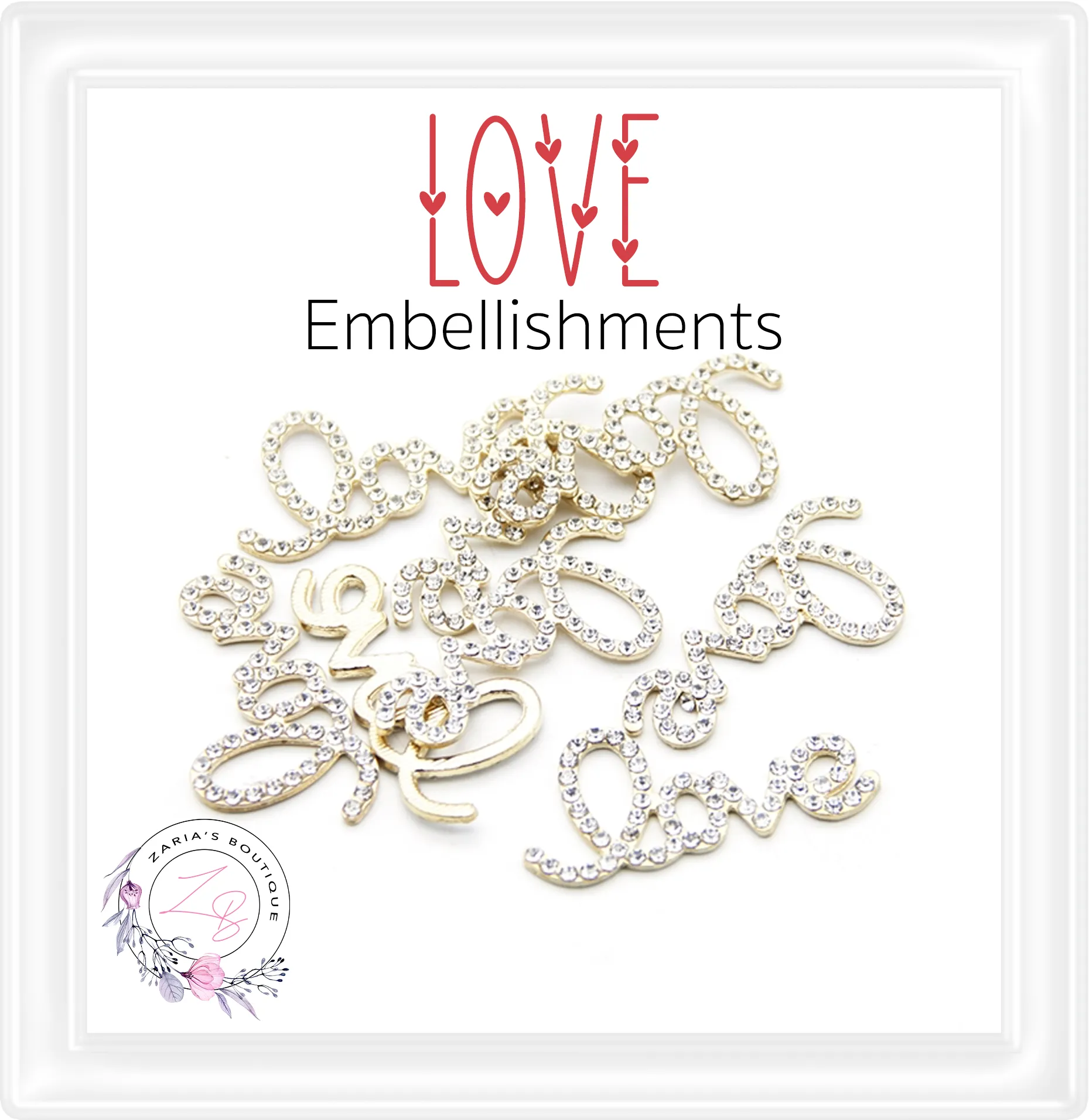 Rhinestone Embellishment ⋅ LOVE ⋅ Silver, Gold or Red