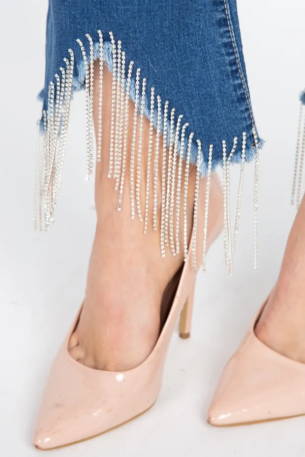 Rhinestone Fringed Flare Skinny Jeans